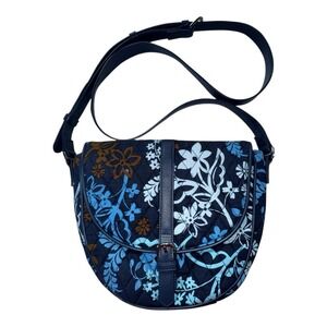 Vera Bradley Slim Saddle Crossbody Bag Java Floral Blue Snap Closure Pockets